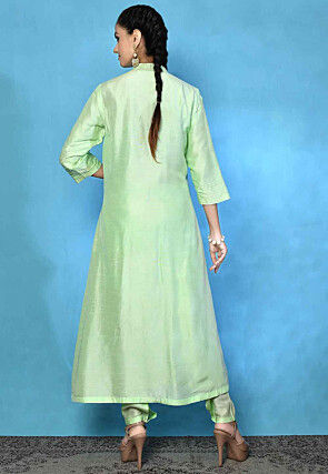Embroidered Pure Silk A Line Kurta Set in Pastel Green