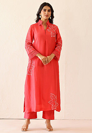 Embroidered Pure Silk A Line Kurta Set in Peach
