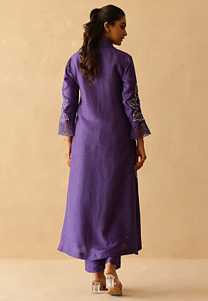 Embroidered Pure Silk A Line Kurta Set in Purple