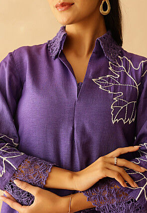 Embroidered Pure Silk A Line Kurta Set in Purple