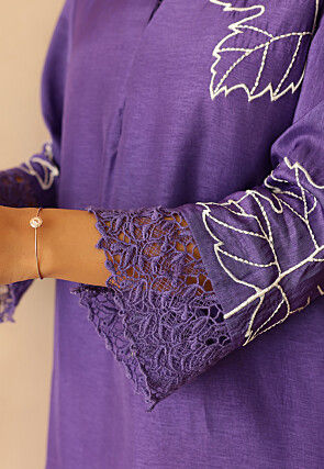 Embroidered Pure Silk A Line Kurta Set in Purple