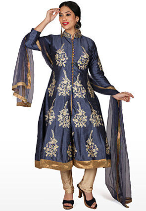 Embroidered Pure Silk A Line Suit in Navy Blue