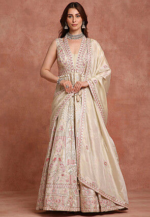 Embroidered Pure Silk Abaya Style Suit in Cream
