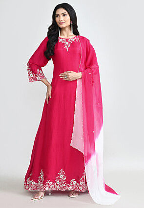 Embroidered Pure Silk Abaya Style Suit in Fuchsia