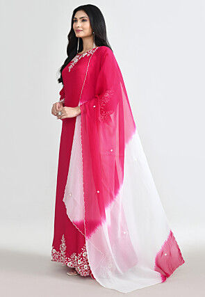 Embroidered Pure Silk Abaya Style Suit in Fuchsia