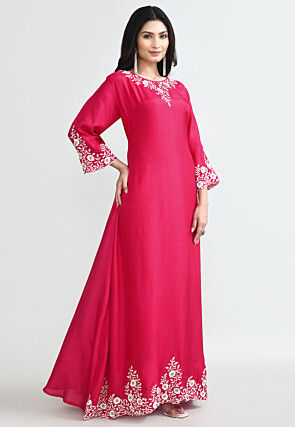 Embroidered Pure Silk Abaya Style Suit in Fuchsia
