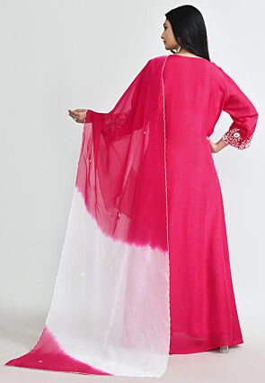 Embroidered Pure Silk Abaya Style Suit in Fuchsia