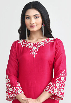 Embroidered Pure Silk Abaya Style Suit in Fuchsia