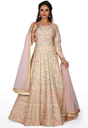 Embroidered Pure Silk Abaya Style Suit in Light Beige