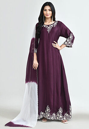 Embroidered Pure Silk Abaya Style Suit in Wine