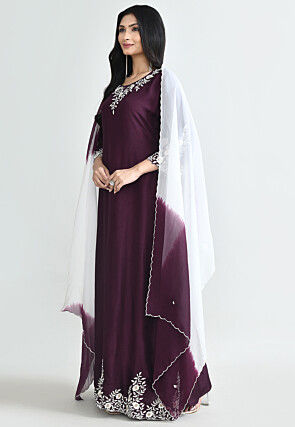 Embroidered Pure Silk Abaya Style Suit in Wine