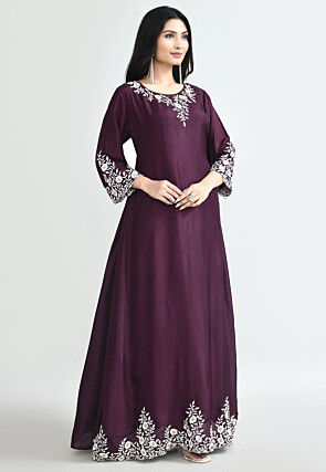 Embroidered Pure Silk Abaya Style Suit in Wine