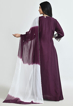 Embroidered Pure Silk Abaya Style Suit in Wine