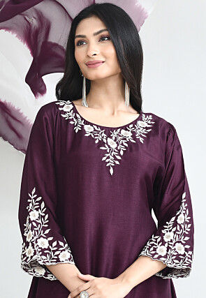 Embroidered Pure Silk Abaya Style Suit in Wine