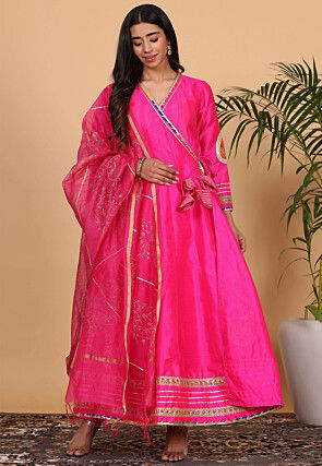 Embroidered Pure Silk Aline Suit in Fuchsia