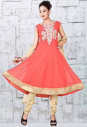 Embroidered Pure Silk Anarkali Suit in Peach
