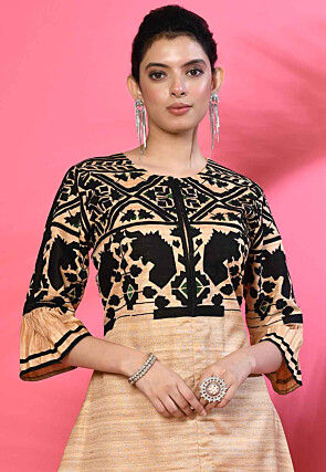 Embroidered Pure Silk Asymmetric Kurta Set in Beige