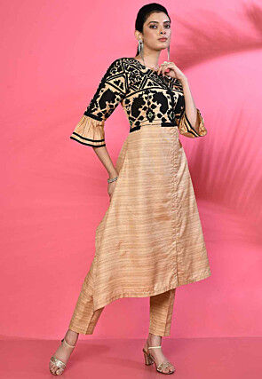 Embroidered Pure Silk Asymmetric Kurta Set in Beige