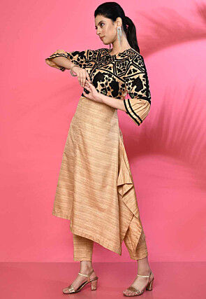 Embroidered Pure Silk Asymmetric Kurta Set in Beige