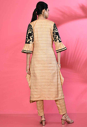 Embroidered Pure Silk Asymmetric Kurta Set in Beige