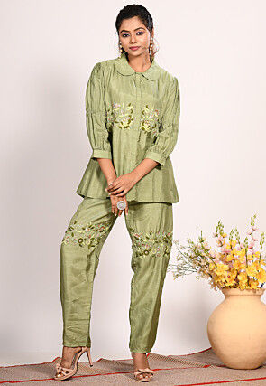 Embroidered Pure Silk Co ord Set in Green