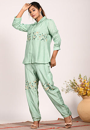 Embroidered Pure Silk Co ord Set in Green