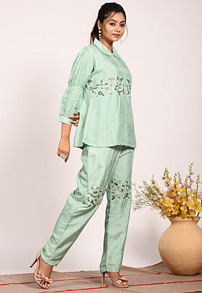 Embroidered Pure Silk Co ord Set in Green