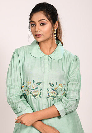 Embroidered Pure Silk Co ord Set in Green
