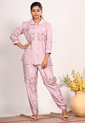 Embroidered Pure Silk Co ord Set in Light Purple