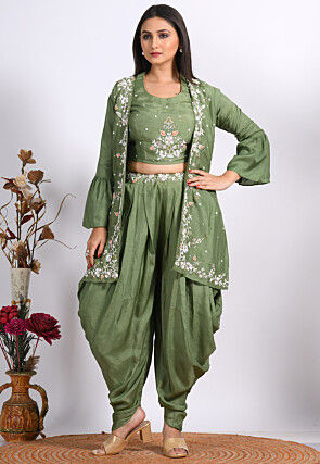 Embroidered Pure Silk Crop Top Set in Dark Green