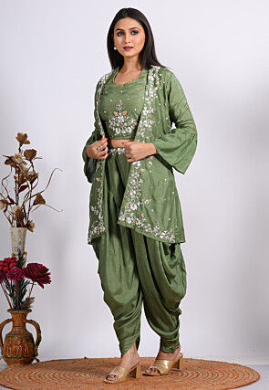 Embroidered Pure Silk Crop Top Set in Dark Green