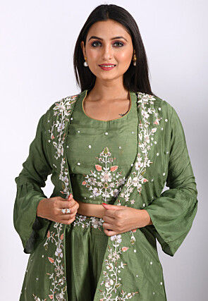 Embroidered Pure Silk Crop Top Set in Dark Green