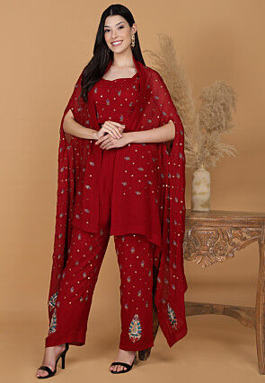 Embroidered Pure Silk Crop Top Set in Maroon