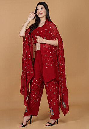 Embroidered Pure Silk Crop Top Set in Maroon