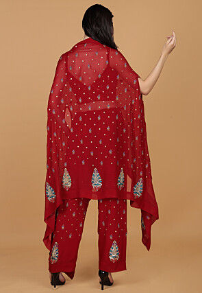 Embroidered Pure Silk Crop Top Set in Maroon