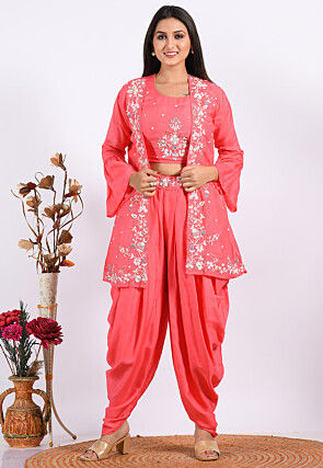 Embroidered Pure Silk Crop Top Set in Pink