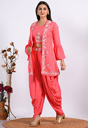 Embroidered Pure Silk Crop Top Set in Pink