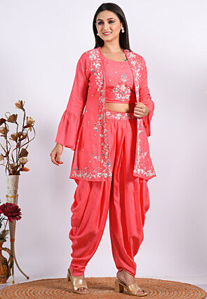 Embroidered Pure Silk Crop Top Set in Pink