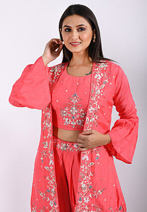 Embroidered Pure Silk Crop Top Set in Pink