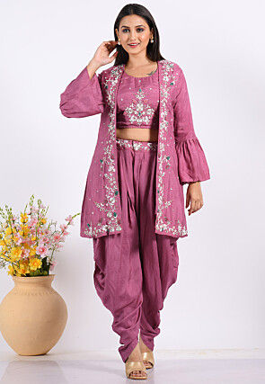 Embroidered Pure Silk Crop Top Set in Purple