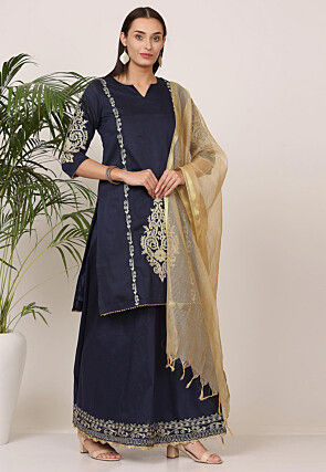 Embroidered Pure Silk Lehenga in Navy Blue