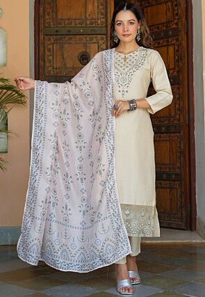 Embroidered Pure Silk Pakistani Suit in Beige