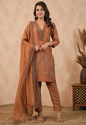Embroidered Pure Silk Pakistani Suit in Brown
