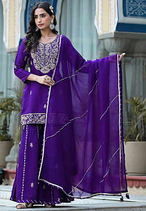 Embroidered Pure Silk Pakistani Suit in Dark Purple