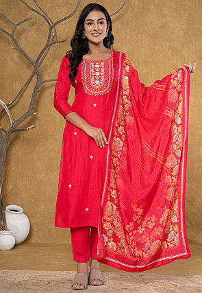 Embroidered Pure Silk Pakistani Suit in Fuchsia