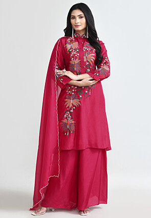 Embroidered Pure Silk Pakistani Suit in Fuchsia