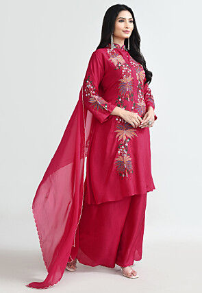 Embroidered Pure Silk Pakistani Suit in Fuchsia