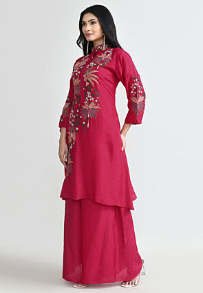 Embroidered Pure Silk Pakistani Suit in Fuchsia