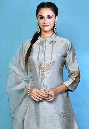 Embroidered Pure Silk Pakistani Suit in Grey