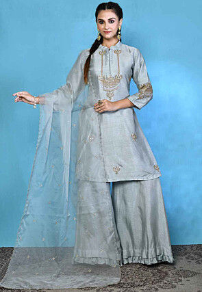 Embroidered Pure Silk Pakistani Suit in Grey